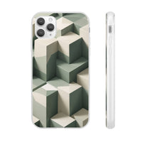 Minimal Isometric Cube Pattern Phone Case – Sage, Ivory & Grey 3D Effect
