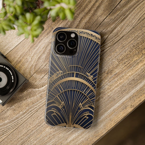 Art Deco Fan Motif Phone Case - Navy & Gold Luxury Design