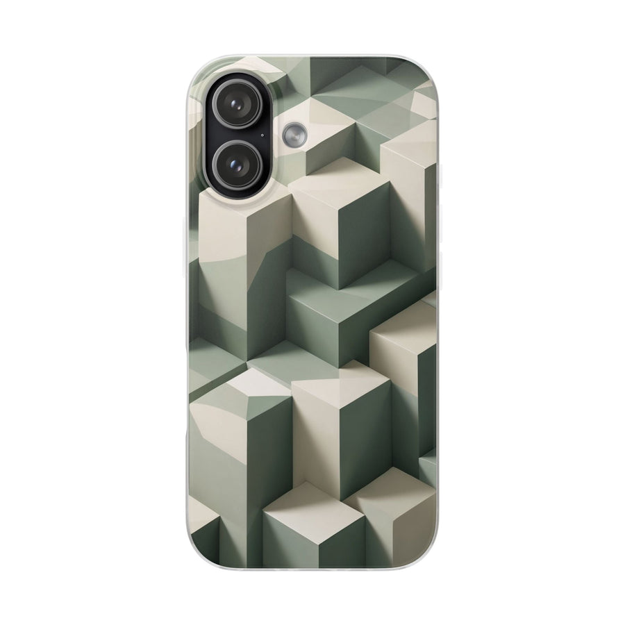 Minimal Isometric Cube Pattern Phone Case – Sage, Ivory & Grey 3D Effect