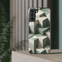 Minimal Isometric Cube Pattern Phone Case – Sage, Ivory & Grey 3D Effect